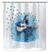 Unique bathroom decor with origami bird patterns on a shower curtain.